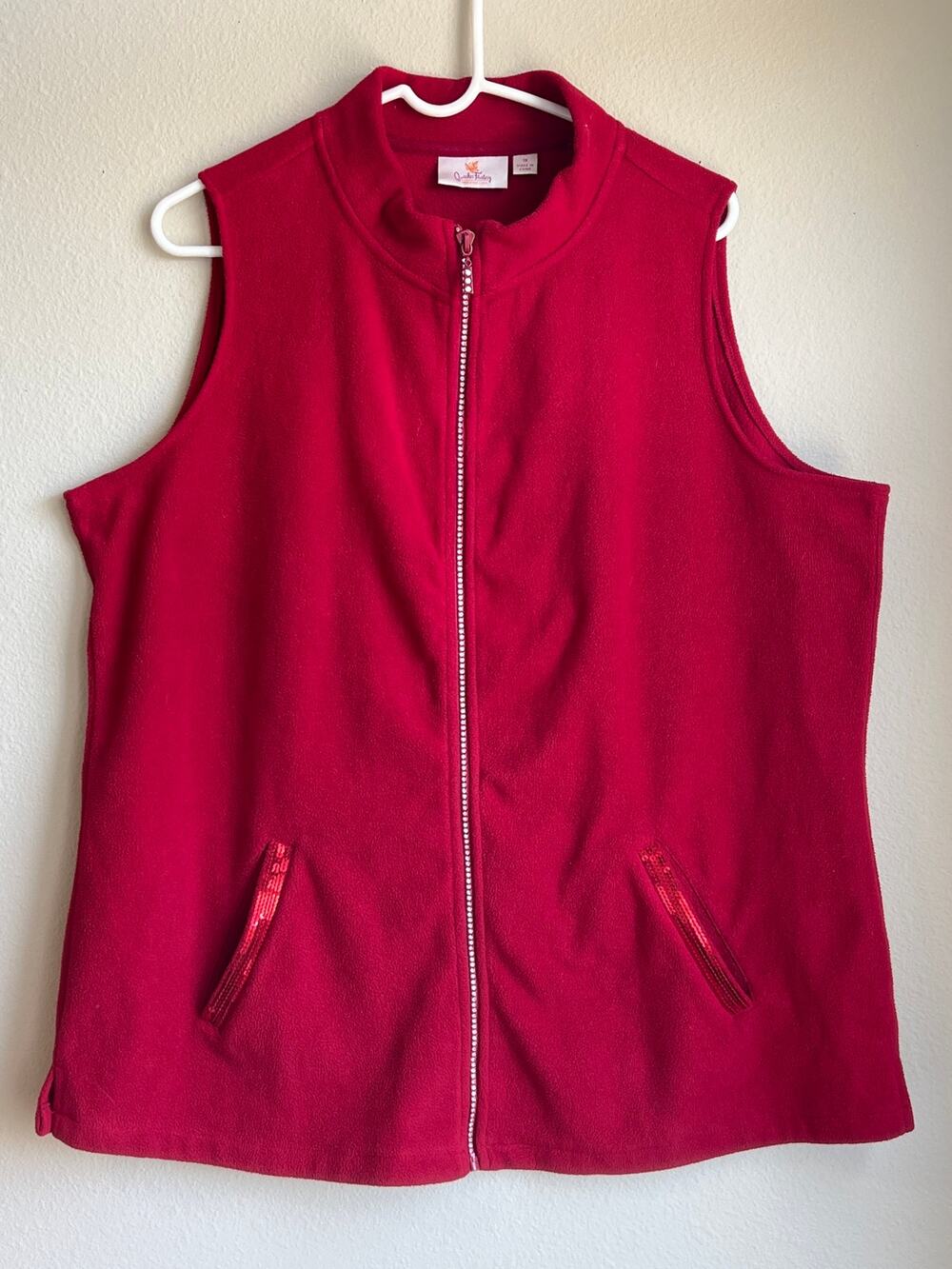Quacker Factory Bedazzled Red Full Zip Sequin Pocket Mock Neck Vest Plus Size 1X